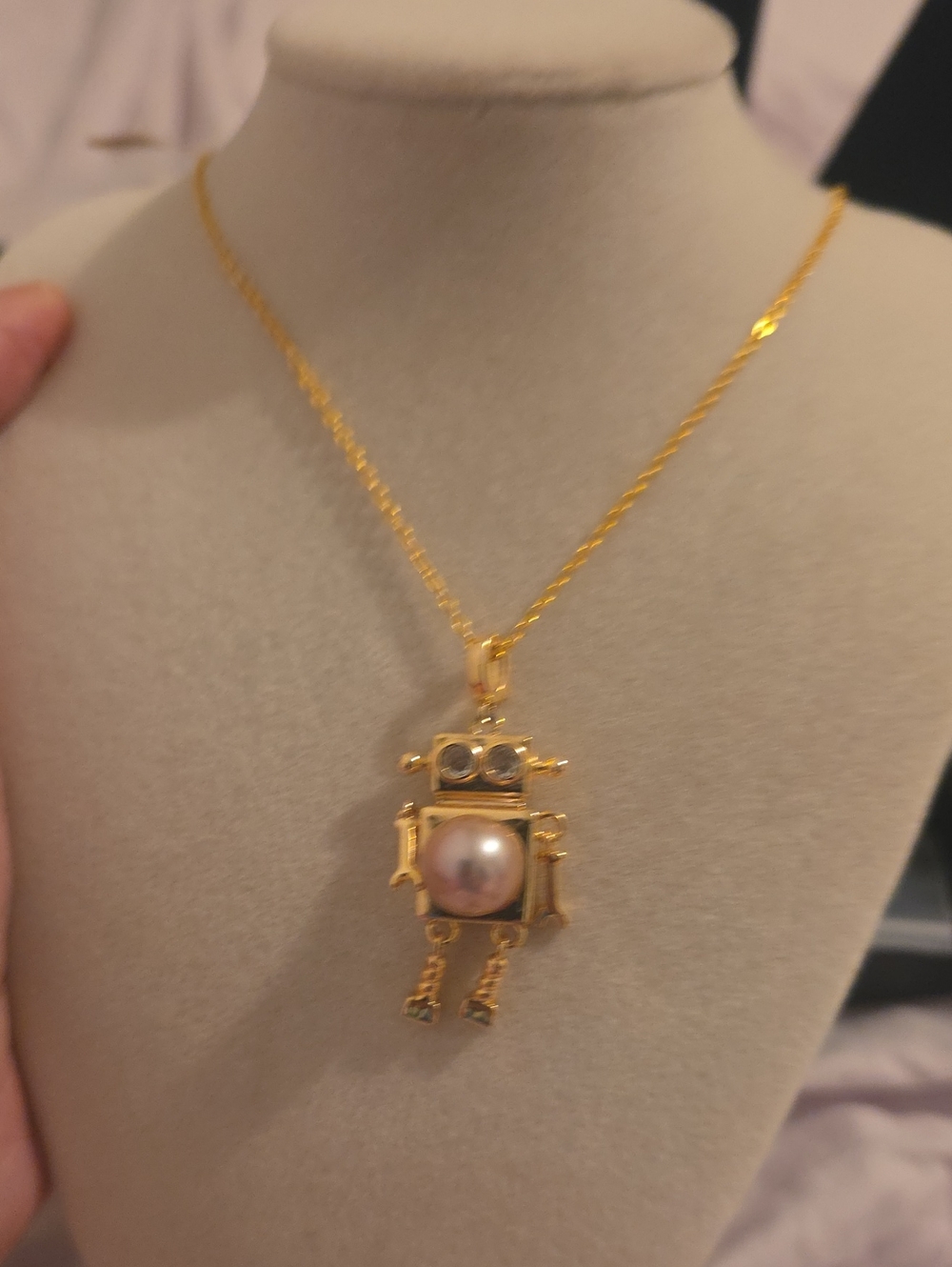 Gold Robot Pendant Necklace with Pink Pearl